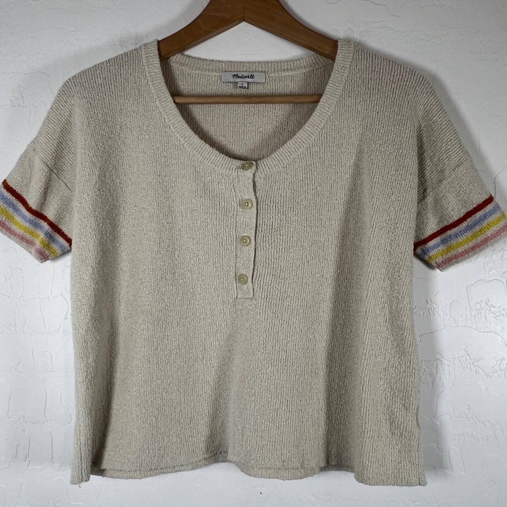 Madewell Henley Sweater Top Beige Boucle Rainbow Stripe Short Sleeve Small
